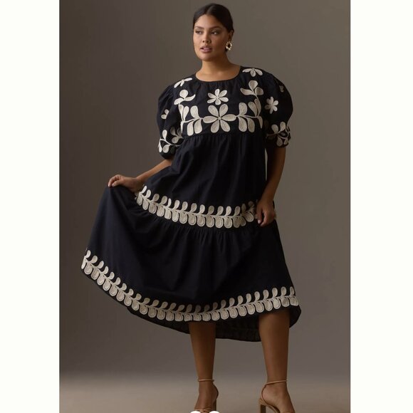 Anthropologie Embroidered Puff-Sleeve Midi Dress-- size XL--with pockets! - Picture 1 of 6